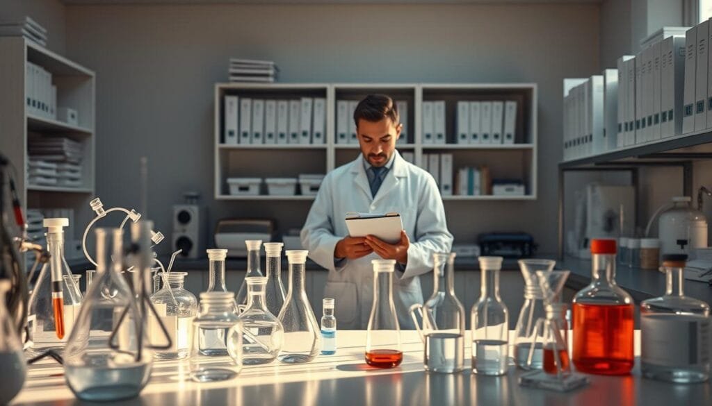A meticulously designed laboratory setting, illuminated by soft, directional lighting that casts subtle shadows, creating a contemplative atmosphere. In the foreground, an array of scientific instruments, beakers, and test tubes arranged in a precise, organized manner, symbolizing the importance of rigorous research and safety protocols. In the middle ground, a scientist in a pristine white lab coat, intently studying data on a clipboard, embodying the diligent pursuit of understanding. The background features shelves lined with neatly organized reference materials and technical manuals, conveying the depth of knowledge required to ensure the highest standards of safety and efficacy.