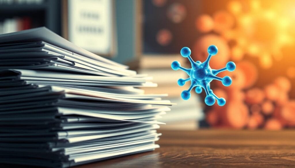 A meticulously detailed and scientifically accurate illustration of medical research evidence anchors. In the foreground, a stack of medical documents, laboratory reports, and scientific journal pages arranged neatly, conveying a sense of thorough investigation. In the middle ground, a molecular model of an antioxidant compound, glowing with an ethereal blue hue, symbolizing the underlying biochemical mechanisms. In the background, a softly blurred microscopic view of healthy human cells, bathed in a warm, golden light, suggesting the cellular-level benefits. The overall mood is one of serious inquiry, rigor, and the systematic accumulation of empirical evidence, captured through a crisp, high-resolution photographic lens.