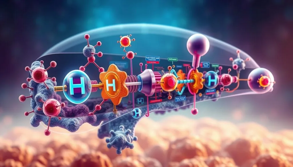 A meticulously detailed cross-section of the molecular mechanisms underlying hydrogen's beneficial effects on oxidative stress and reactive oxygen species. A vibrant, multi-layered composition showcasing the intricate interplay of hydrogen molecules, antioxidant enzymes, and cellular pathways. In the foreground, a bold, colorful visualization of the hydrogen molecule and its interactions with free radicals. The middle ground features a complex network of biochemical reactions, enzymatic processes, and signaling cascades. In the background, a serene, ethereal backdrop evokes the cellular environment, with subtle gradients and atmospheric lighting emphasizing the profound, almost mystical nature of the mechanisms at play. Rendered with exceptional clarity, technical precision, and a sense of scientific wonder.