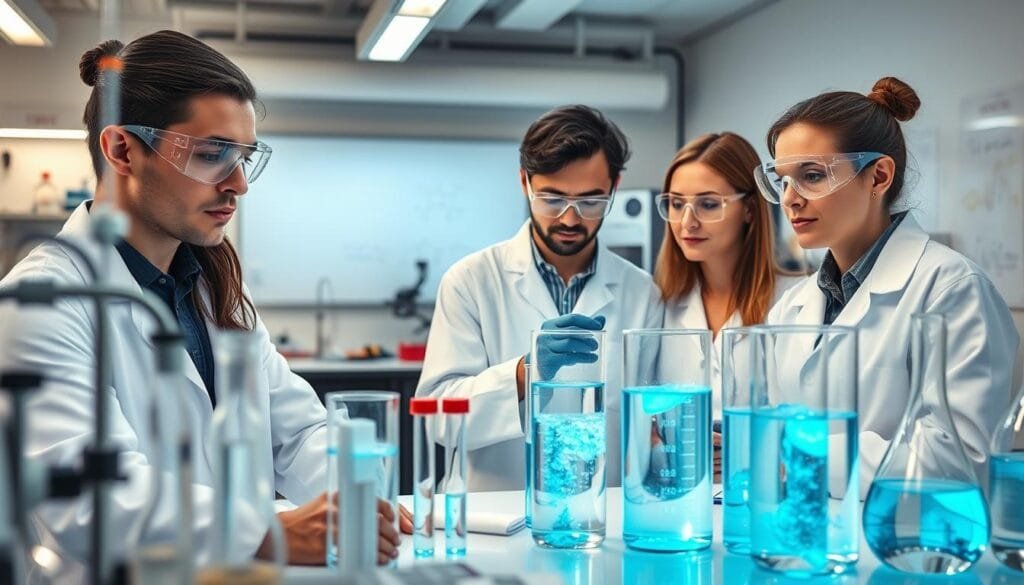 A modern research laboratory with an array of scientific equipment, test tubes, and beakers filled with glowing blue-tinted hydrogen-infused water. A team of researchers in white lab coats and safety goggles examines the samples, their faces illuminated by the soft ambient lighting. In the background, a whiteboard displays molecular diagrams and research notes. The atmosphere is one of focused, collaborative exploration, hinting at the potential breakthroughs in understanding the benefits of hydrogen-rich water.