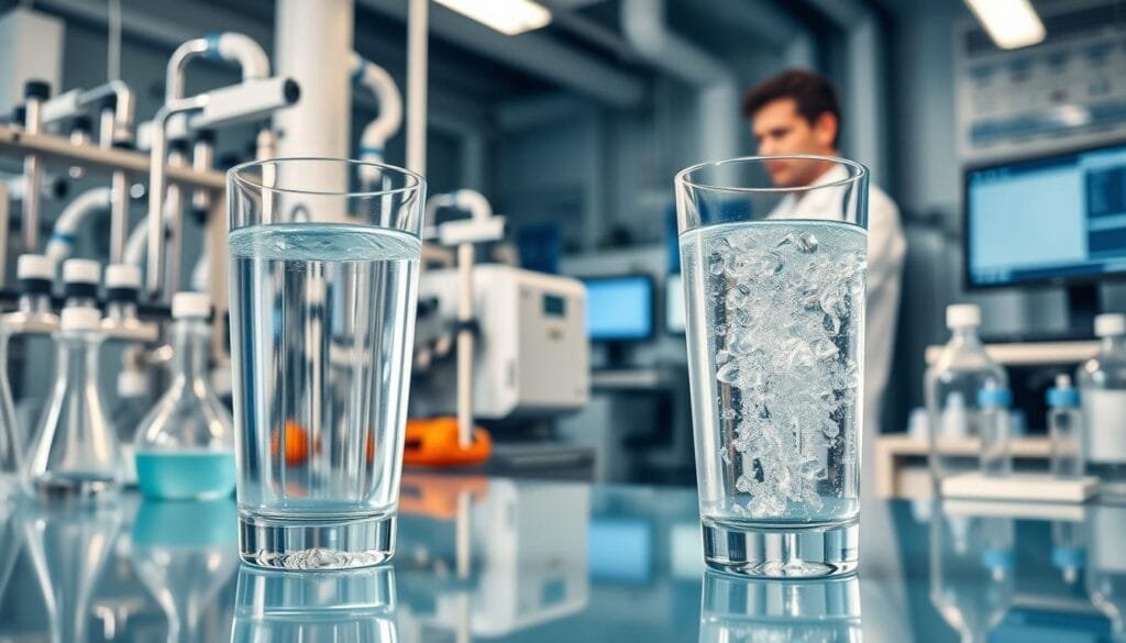 A modern, well-equipped laboratory setting with pristine glassware, pipettes, and other scientific instruments. The foreground showcases a clear, sparkling glass of hydrogen-infused water, reflecting the precise quality control measures in place. The middle ground features a chemist in a white lab coat, carefully monitoring the water's purity and safety through advanced testing equipment. The background depicts high-tech machinery and computer screens, conveying the rigorous standards and technological sophistication involved in producing this premium hydrogen water. Soft, diffused lighting highlights the tranquil, professional atmosphere, emphasizing the unwavering commitment to safety and quality.