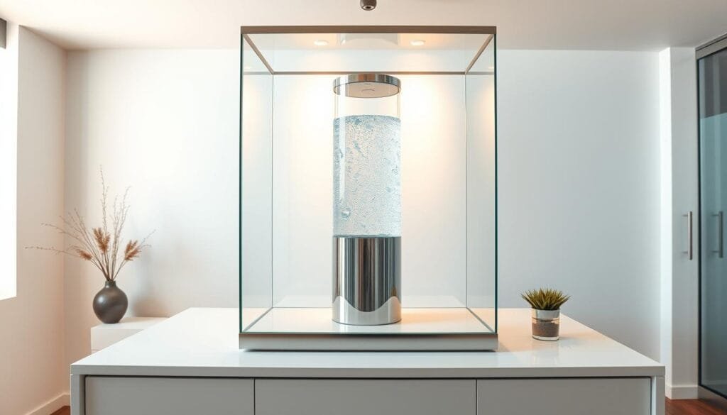 A modern, well-lit office space with a prominent glass and metal case framework showcasing a sleek, cylindrical water dispenser. The dispenser is filled with clear, sparkling water, illuminated from within to highlight its purity. The case sits atop a minimalist white desk, surrounded by clean lines and subtle, nature-inspired decor, creating a calming, wellness-focused ambiance. The image is captured from a slightly elevated angle, emphasizing the elegant, streamlined design of the case framework and the inviting allure of the water within. Soft, diffused lighting casts warm tones, evoking a sense of relaxation and rejuvenation.
