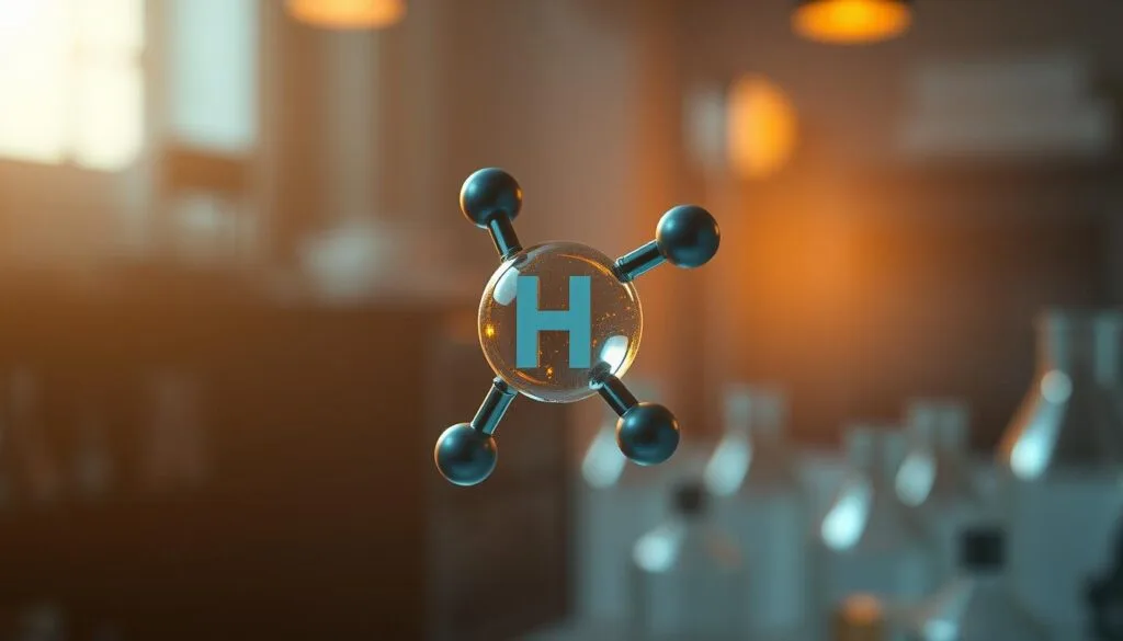 A molecular hydrogen model in a dramatic, cinematic lighting setup. The hydrogen molecule is the central focus, rendered in a highly detailed and photorealistic style. The background is a softly blurred laboratory setting, suggesting a scientific context. Warm, directional lighting from the side casts dramatic shadows, emphasizing the structure and bonds of the molecule. The overall mood is one of scientific inquiry and the potential power of this simple yet essential element.