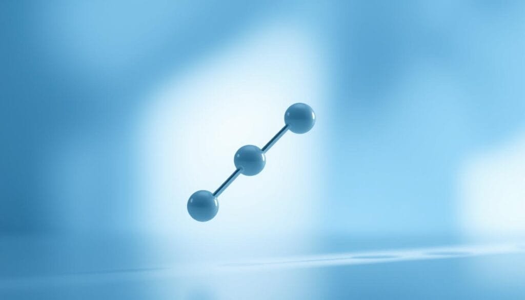A molecular hydrogen model, showcasing the delicate balance of two hydrogen atoms bonded together. The foreground features a detailed 3D rendering of the hydrogen molecule, with a crisp and clean aesthetic. The middle ground depicts a serene, blue-toned background, evoking a sense of tranquility and natural harmony. Subtle lighting from the side casts a soft glow, highlighting the intricate molecular structure and emphasizing its significance. The overall composition conveys the elegance and importance of molecular hydrogen, a key component in supporting a healthy scalp and promoting wellness.