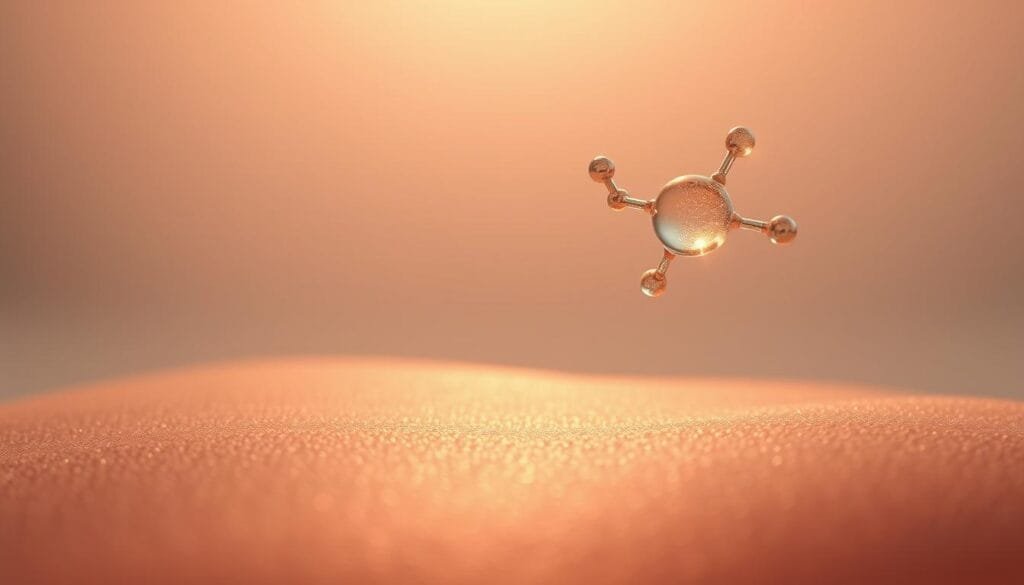 A molecular structure of hydrogen floating gently above a serene, glowing skin landscape. In the foreground, a close-up view of the hydrogen molecules, their bonds shimmering with a soft, ethereal light. In the middle ground, a textured skin surface, replenished and rejuvenated, with a healthy, vibrant glow. The background bathes in a warm, soothing ambiance, conveying a sense of harmony and balance between the molecular and the dermal. Soft, diffused lighting illuminates the scene, creating a calming, therapeutic atmosphere. The overall composition emphasizes the symbiotic relationship between hydrogen and skin repair, a visual representation of the wellness concept.