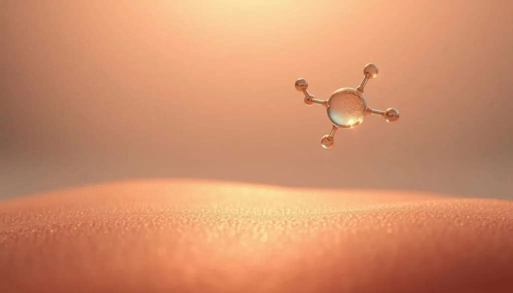 A molecular structure of hydrogen floating gently above a serene, glowing skin landscape. In the foreground, a close-up view of the hydrogen molecules, their bonds shimmering with a soft, ethereal light. In the middle ground, a textured skin surface, replenished and rejuvenated, with a healthy, vibrant glow. The background bathes in a warm, soothing ambiance, conveying a sense of harmony and balance between the molecular and the dermal. Soft, diffused lighting illuminates the scene, creating a calming, therapeutic atmosphere. The overall composition emphasizes the symbiotic relationship between hydrogen and skin repair, a visual representation of the wellness concept.