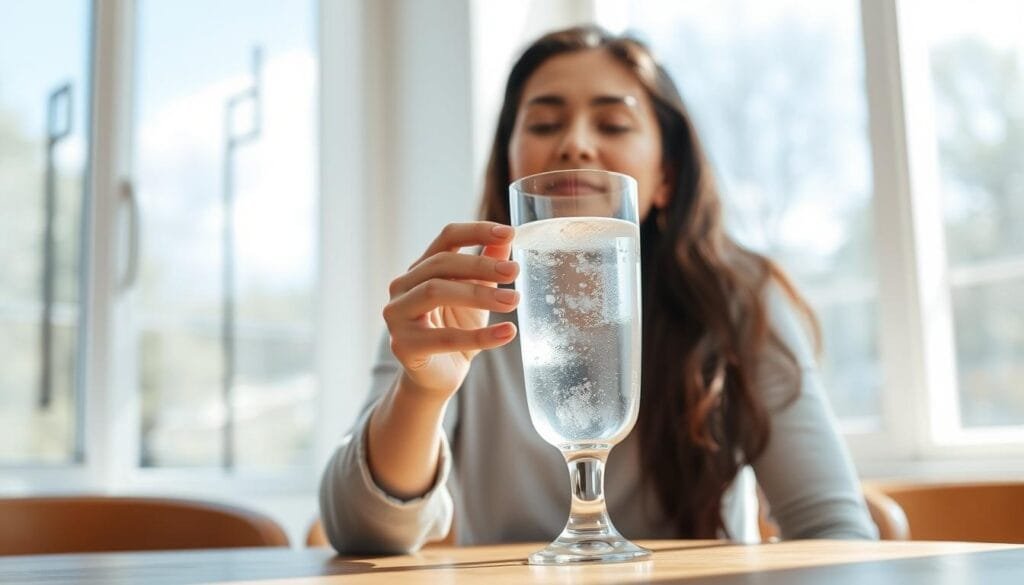 A person sitting at a table, holding a glass filled with clear, sparkling water against the light. The water has a faint bluish tint, indicating its hydrogen-rich content. The room is bright and airy, with large windows allowing natural light to flood the space. The person has a serene, contemplative expression as they take a sip, appreciating the refreshing and nourishing properties of the hydrogen-infused water. The scene conveys a sense of wellness and mindfulness, reflecting the everyday benefits of incorporating hydrogen water into one's lifestyle.