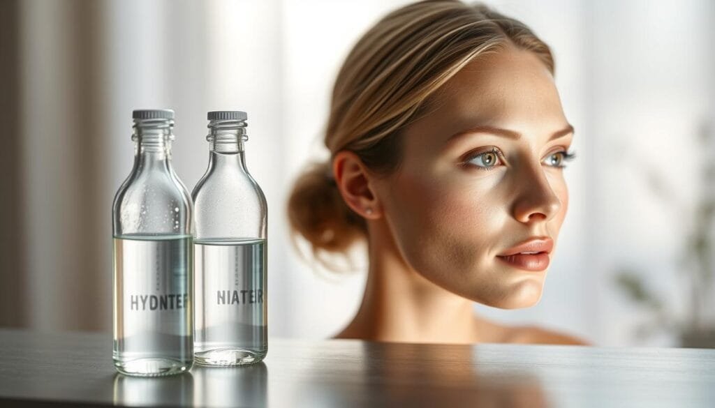 A realistic timeline of treatment effects, showcasing the gradual yet noticeable improvements in skin health and appearance over time. A softly lit, minimalist composition with a clean, therapeutic aesthetic. The foreground features a set of clean, modern-looking glass bottles filled with a glowing, translucent liquid, representing the "hydrogen water" treatment. The middle ground depicts a progression of facial close-ups, subtly revealing the diminishing appearance of dark circles and blemishes. The background is a serene, blurred backdrop, perhaps a soothing natural setting, to convey a sense of wellness and rejuvenation. The overall mood is calming, hopeful, and grounded in scientific authenticity.