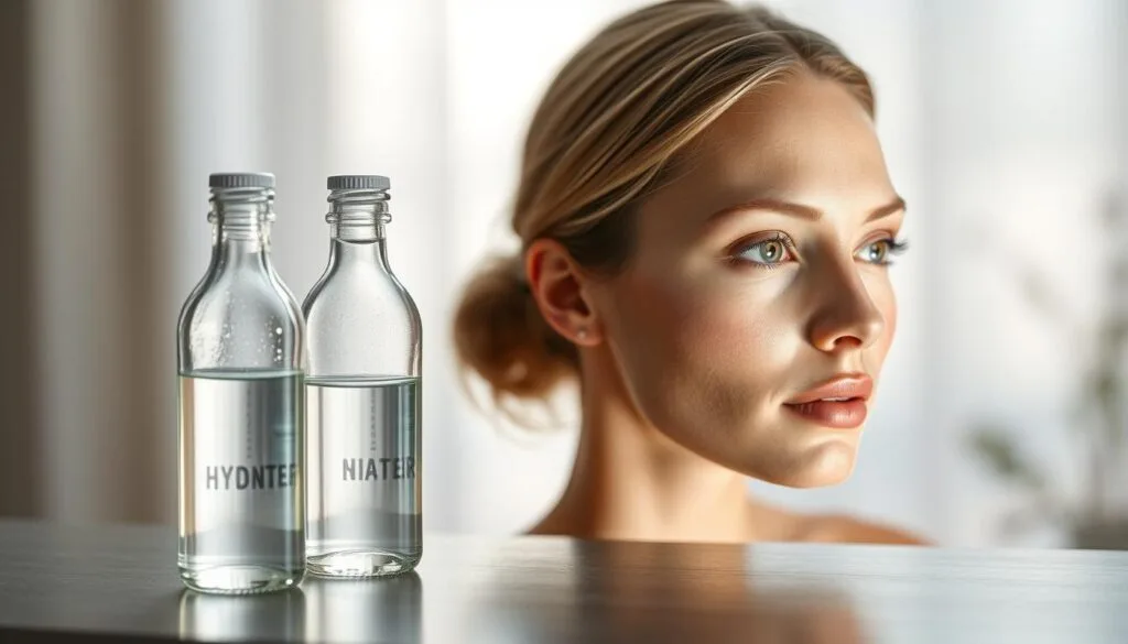 A realistic timeline of treatment effects, showcasing the gradual yet noticeable improvements in skin health and appearance over time. A softly lit, minimalist composition with a clean, therapeutic aesthetic. The foreground features a set of clean, modern-looking glass bottles filled with a glowing, translucent liquid, representing the "hydrogen water" treatment. The middle ground depicts a progression of facial close-ups, subtly revealing the diminishing appearance of dark circles and blemishes. The background is a serene, blurred backdrop, perhaps a soothing natural setting, to convey a sense of wellness and rejuvenation. The overall mood is calming, hopeful, and grounded in scientific authenticity.