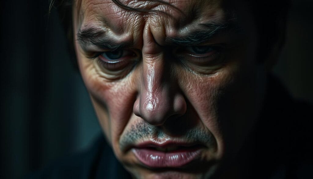 A restless mind, wracked with anxious thoughts, is depicted in a dramatic close-up shot. The subject's face is contorted with worry, their brow furrowed, eyes narrowed, and lips pressed tightly together. Harsh, directional lighting casts deep shadows, accentuating the tension and distress etched on their features. The background is blurred, creating a sense of isolation and inner turmoil. The overall mood is somber, reflecting the overwhelming burden of stress and its impact on mental well-being.