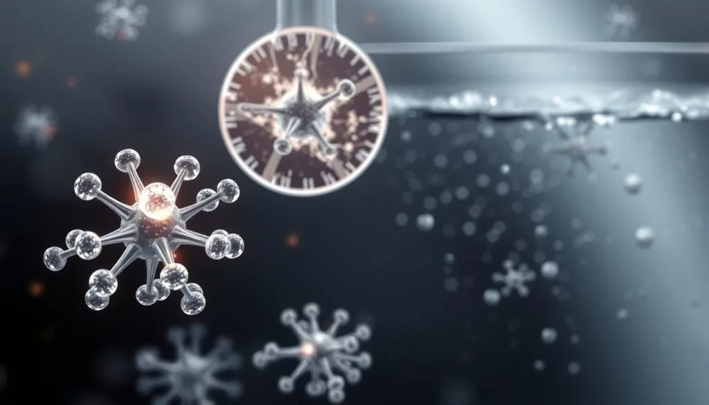 A scientific illustration depicting the impact of hydrogen-rich water on oxidative stress markers and cellular damage. In the foreground, a cluster of reactive oxygen species (ROS) molecules, glowing with an intense, radiant energy. In the middle ground, a magnified view of a cellular membrane, its delicate structure being disrupted by the oxidative onslaught. In the background, a serene, aqueous environment filled with dissolved hydrogen gas, its calming presence poised to neutralize the free radicals and restore cellular homeostasis. Rendered in a muted color palette with a sense of technical precision, this image conveys the complex interplay between the beneficial effects of hydrogen-rich water and its ability to mitigate oxidative stress at the cellular level.