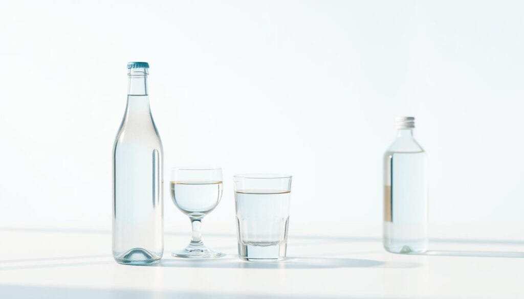A serene and minimalist image of hydrogen water bottles and glasses, set against a clean, bright background. The bottles and glasses are positioned in the foreground, casting soft shadows and reflecting the natural light. The middle ground features a simple, uncluttered design, with clean lines and a neutral color palette. The background is blurred, creating a sense of depth and focus on the main subject. The overall mood is calm, inviting, and conveys the safety and purity of hydrogen-enriched water.