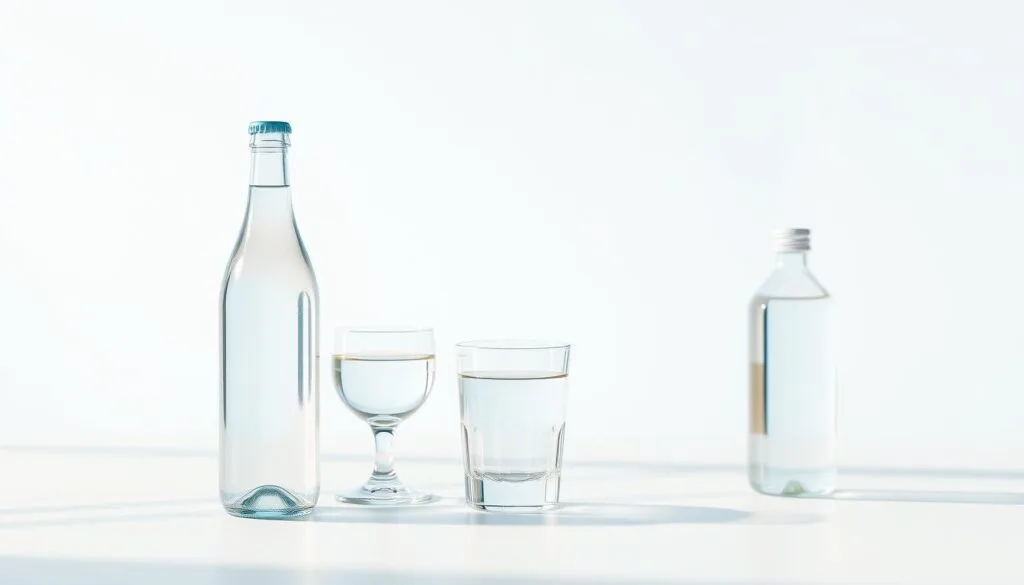 A serene and minimalist image of hydrogen water bottles and glasses, set against a clean, bright background. The bottles and glasses are positioned in the foreground, casting soft shadows and reflecting the natural light. The middle ground features a simple, uncluttered design, with clean lines and a neutral color palette. The background is blurred, creating a sense of depth and focus on the main subject. The overall mood is calm, inviting, and conveys the safety and purity of hydrogen-enriched water.