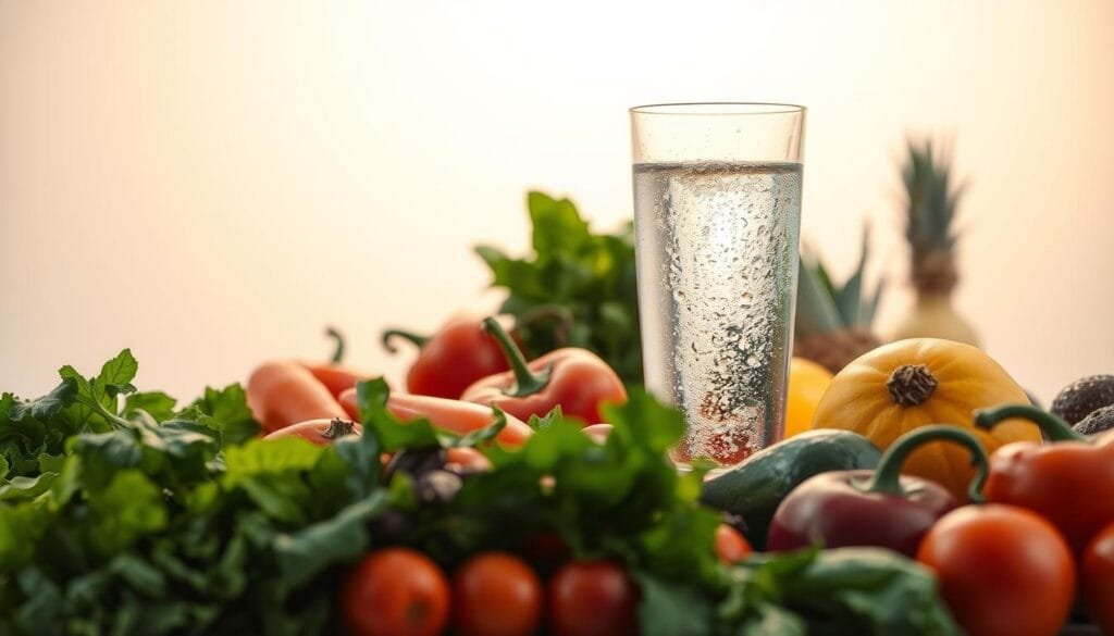 A serene and tranquil scene depicting the health benefits of wellness practices. In the foreground, an array of fresh, vibrant produce - leafy greens, crisp vegetables, and succulent fruits - symbolizing the nourishing power of natural, wholesome foods. In the middle ground, a glowing glass of crystalline, shimmering water, representing the purity and rejuvenating properties of hydration. The background is bathed in soft, warm lighting, creating a soothing, inviting atmosphere that evokes a sense of balance and well-being. The composition is clean, uncluttered, and visually harmonious, allowing the viewer to focus on the core elements that embody the essence of health and vitality.