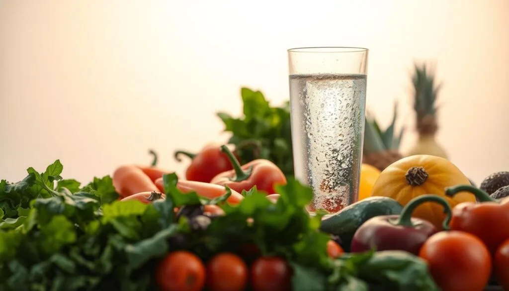 A serene and tranquil scene depicting the health benefits of wellness practices. In the foreground, an array of fresh, vibrant produce - leafy greens, crisp vegetables, and succulent fruits - symbolizing the nourishing power of natural, wholesome foods. In the middle ground, a glowing glass of crystalline, shimmering water, representing the purity and rejuvenating properties of hydration. The background is bathed in soft, warm lighting, creating a soothing, inviting atmosphere that evokes a sense of balance and well-being. The composition is clean, uncluttered, and visually harmonious, allowing the viewer to focus on the core elements that embody the essence of health and vitality. A serene and tranquil scene depicting the health benefits of wellness practices. In the foreground, an array of fresh, vibrant produce - leafy greens, crisp vegetables, and succulent fruits - symbolizing the nourishing power of natural, wholesome foods. In the middle ground, a glowing glass of crystalline, shimmering water, representing the purity and rejuvenating properties of hydration. The background is bathed in soft, warm lighting, creating a soothing, inviting atmosphere that evokes a sense of balance and well-being. The composition is clean, uncluttered, and visually harmonious, allowing the viewer to focus on the core elements that embody the essence of health and vitality.