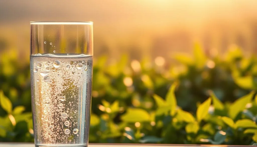 A serene and tranquil scene depicting the potential benefits of hydrogen water. In the foreground, a transparent glass filled with sparkling, effervescent water, casting a gentle glow. Floating within the water, delicate bubbles rise to the surface, symbolizing the active hydrogen molecules. In the middle ground, an array of vibrant, verdant leaves and plants, reflecting the natural, organic qualities of hydrogen water. The background features a soft, hazy landscape, bathed in warm, natural lighting, conveying a sense of wellness and rejuvenation. The overall composition evokes a calming, meditative atmosphere, inviting the viewer to contemplate the restorative properties of hydrogen-rich water.