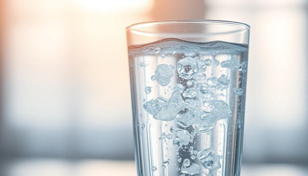A serene close-up of a glass filled with clear, sparkling water against a soft, blurred background. The water surface gently ripples, reflecting the warm, natural lighting from a window. The transparent glass, filled with the life-giving liquid, is the focal point, symbolizing the purifying and rejuvenating properties of hydrogen-rich water. The overall composition conveys a sense of wellness, purity, and the potential benefits of this health-conscious beverage for prostate wellness.