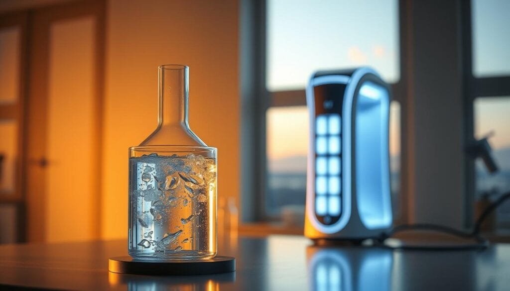 A serene, dimly lit laboratory setting. In the foreground, a glass beaker filled with crystal-clear water, illuminated by soft, warm lighting, signifying the essence of hydrogen-infused water. In the middle ground, a futuristic-looking hydrogen water generator, its sleek design and glowing panels suggesting advanced technology. The background features a panoramic view of a tranquil, natural landscape, creating a calming, wellness-inspired atmosphere. The lighting is a harmonious blend of scientific precision and serene ambiance, inviting the viewer to imagine the restorative properties of this innovative hydration solution.