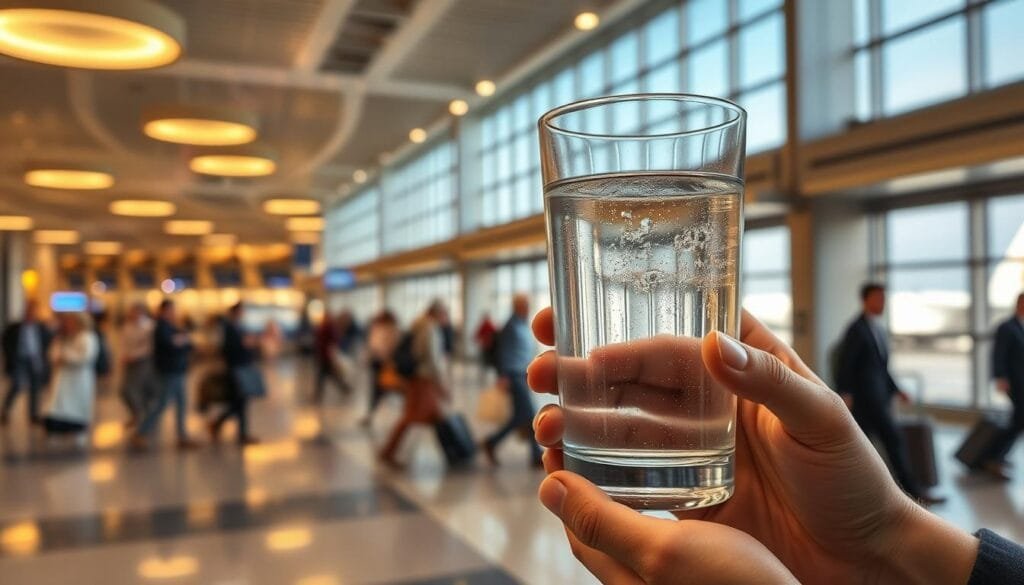 A serene scene of a glass of crystal-clear hydrogen water set against a backdrop of a pre-flight airport terminal. The water gently bubbles, reflecting the warm lighting from overhead fixtures. In the foreground, a traveler's hands hold the glass, poised to take a sip, their expression one of calm focus as they prepare for the journey ahead. The middle ground features the bustling airport activity - passengers hurrying to their gates, airport staff attending to their duties. The background showcases the terminal's architecture, with large windows offering a glimpse of the aircraft outside, hinting at the impending flight. The overall atmosphere is one of tranquility and mindful preparation, setting the stage for a rejuvenating in-flight experience.