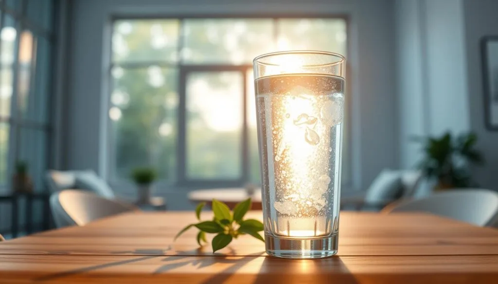 A serene, well-lit interior scene featuring a glass of clear, sparkling hydrogen-infused water on a wooden table. The glass is illuminated from behind, casting a warm, inviting glow. In the background, a large window allows natural light to stream in, creating a tranquil, calming atmosphere. The tabletop is adorned with a few green leafy plants, subtly suggesting the health benefits of the hydrogen-rich water. The entire composition exudes a sense of purity, wellness, and the potential for improved well-being.