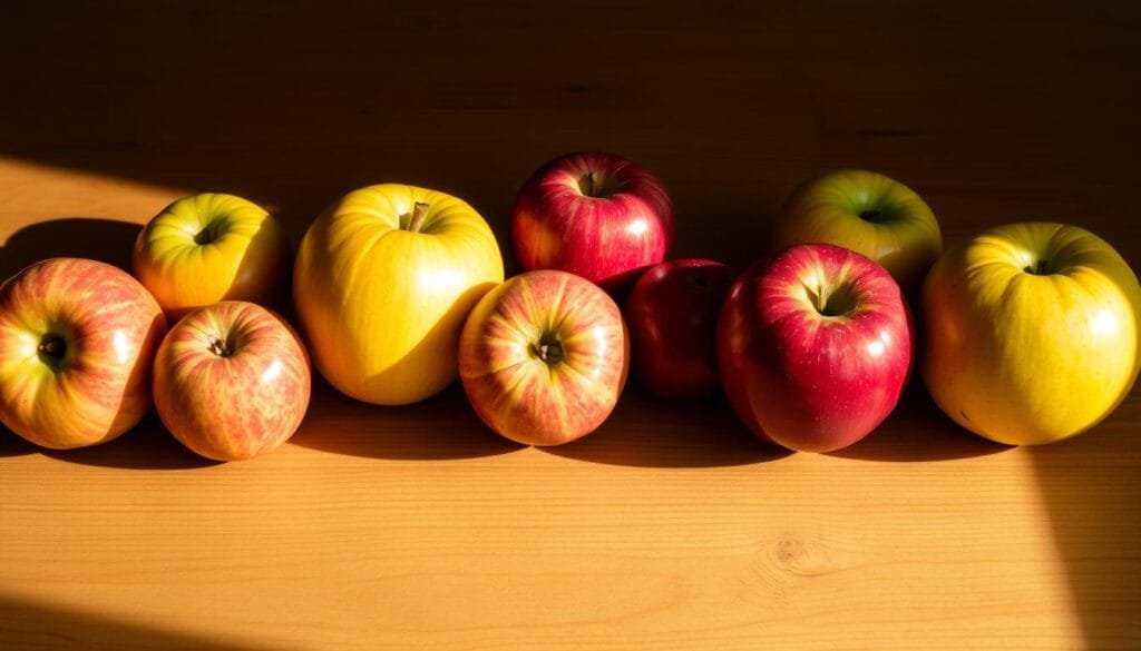 A side-by-side comparison of fresh, juicy apples of varying sizes and colors, arranged artfully on a wooden table. The apples are illuminated by soft, natural lighting, casting subtle shadows that accentuate their spherical forms. The scene has a warm, inviting atmosphere, with a sense of balance and proportion. The apples are the focal point, surrounded by a simple, uncluttered background that allows their distinctive characteristics to shine. The composition is visually striking, inviting the viewer to closely examine and appreciate the diversity of these common, yet remarkable, fruits.