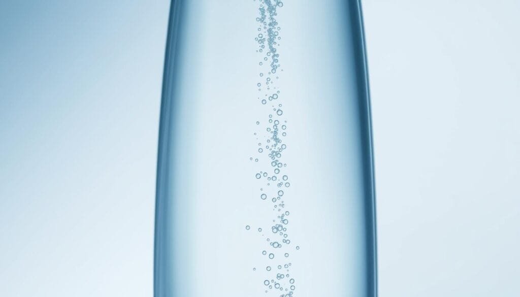 A sleek, contemporary hydrogen water bottle set against a bright, minimalist backdrop. The vessel's surface gleams with a clean, crystal-clear polish, reflecting the soft, diffused lighting above. Inside, a stream of fine, sparkling hydrogen bubbles rise gently, creating a mesmerizing display of purity and vitality. The background is a serene, pale blue gradient, evoking a sense of calm and wellness. The overall composition conveys a sophisticated, high-quality aesthetic that elevates the everyday experience of enjoying clean, hydrogen-infused water.
