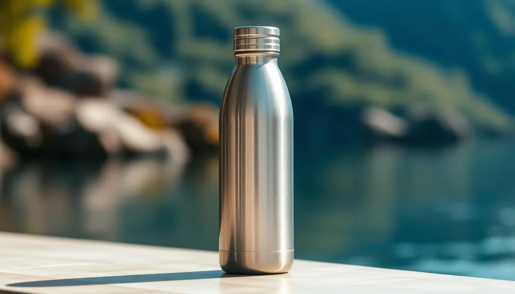 A sleek, minimalist water bottle made of durable, food-grade stainless steel, glistening under natural light. The bottle's surface reflects the clean, pure water within, evoking a sense of freshness and purity. The middle ground features a simple yet elegant design, with a slim silhouette and a screw-top lid that securely seals in the water's clean taste. The background is a serene, out-of-focus scene, conveying a calm and peaceful atmosphere, emphasizing the bottle's role in providing a healthy, refreshing hydration experience.