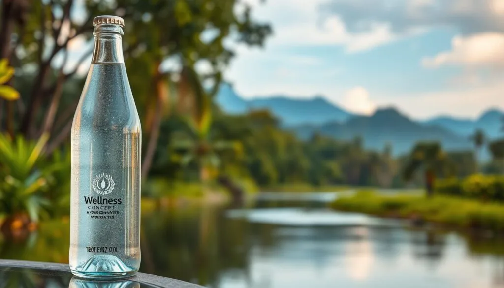 A sleek, modern glass bottle filled with crystal-clear wellness hydrogen water, glistening under soft, natural lighting. The bottle's label features a minimalist, elegant design highlighting the "Wellness Concept" brand. The background showcases a serene, lush Malaysian landscape with verdant foliage, hazy mountains, and a tranquil river reflecting the sky's warm tones. The overall composition conveys a sense of purity, balance, and the restorative power of nature, perfectly encapsulating the essence of the "Wellness Concept" in Malaysia.