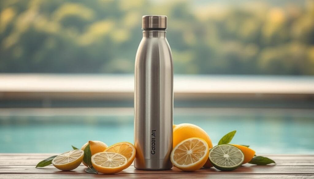 A sleek, modern hydrogen water bottle stands prominently in the foreground, its metallic surface gleaming under soft, warm lighting. The bottle's minimalist design features clean lines and a subtle branding accent, exuding a sense of premium quality and wellness. In the middle ground, an array of freshly cut citrus fruits, such as lemon and lime slices, are arranged artfully, adding a refreshing, natural touch. The background showcases a serene, blurred landscape, with lush greenery and a tranquil body of water, creating a calming, spa-like atmosphere. The overall composition conveys a sense of purity, hydration, and a commitment to a healthy, balanced lifestyle.