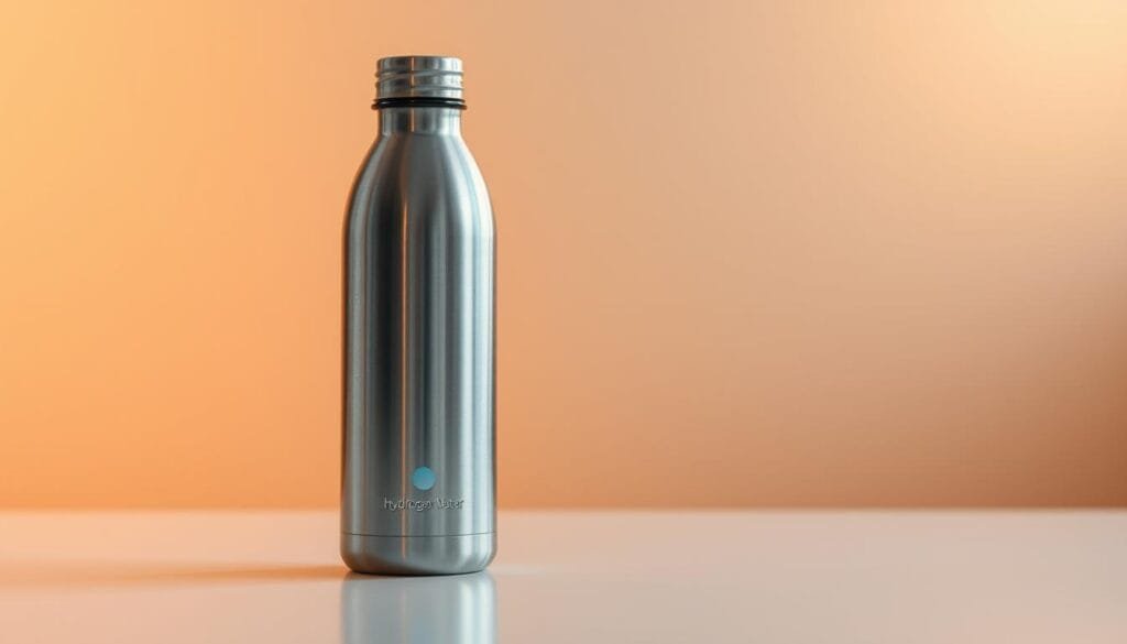 A sleek, modern hydrogen water bottle stands prominently on a clean, minimalist table. The bottle's glossy, brushed metal exterior reflects the warm, diffused lighting illuminating the scene. The bottle's simple, cylindrical shape is highlighted, with a subtle label displaying the "Hydrogen Water" branding. In the background, a warm, neutral-toned wall provides a harmonious backdrop, emphasizing the bottle's elegant design. The overall composition conveys a sense of sophistication, highlighting the bottle as a premium, wellness-focused product suitable for the Malaysian market.