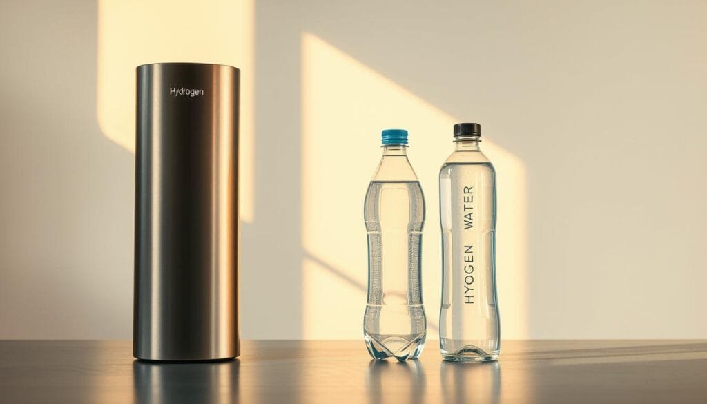 A sleek, modern hydrogen water generator standing prominently in the foreground, its brushed metal exterior reflecting the warm, natural lighting of the scene. In the middle ground, two distinct water bottles, one traditional plastic and the other a stylish, reusable hydrogen-infused model, are positioned side-by-side, allowing for a clear comparison. The background features a minimalist, white-walled setting, creating a clean, clinical atmosphere that highlights the technological nature of the hydrogen water products. The overall composition emphasizes the contrast between the traditional and the innovative, inviting the viewer to consider the performance, cost, and convenience factors of each option.