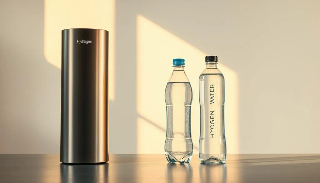 A sleek, modern hydrogen water generator standing prominently in the foreground, its brushed metal exterior reflecting the warm, natural lighting of the scene. In the middle ground, two distinct water bottles, one traditional plastic and the other a stylish, reusable hydrogen-infused model, are positioned side-by-side, allowing for a clear comparison. The background features a minimalist, white-walled setting, creating a clean, clinical atmosphere that highlights the technological nature of the hydrogen water products. The overall composition emphasizes the contrast between the traditional and the innovative, inviting the viewer to consider the performance, cost, and convenience factors of each option.