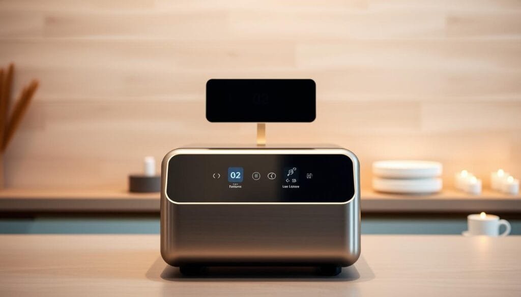 A sleek, modern hydrogen water generator with a minimalist design, showcasing its advanced features. In the foreground, the generator's stainless steel exterior gleams under soft, diffused lighting, highlighting its clean, streamlined form. The middle ground reveals the intuitive control panel, with touch-sensitive buttons and a clear digital display, allowing easy monitoring of the hydrogen-rich water production. In the background, a backdrop of warm, neutral tones creates a calming, spa-like atmosphere, complementing the generator's wellness-focused purpose. The scene is captured from a slightly elevated angle, giving a comprehensive view of the device's elegant aesthetics and user-friendly functionality.
