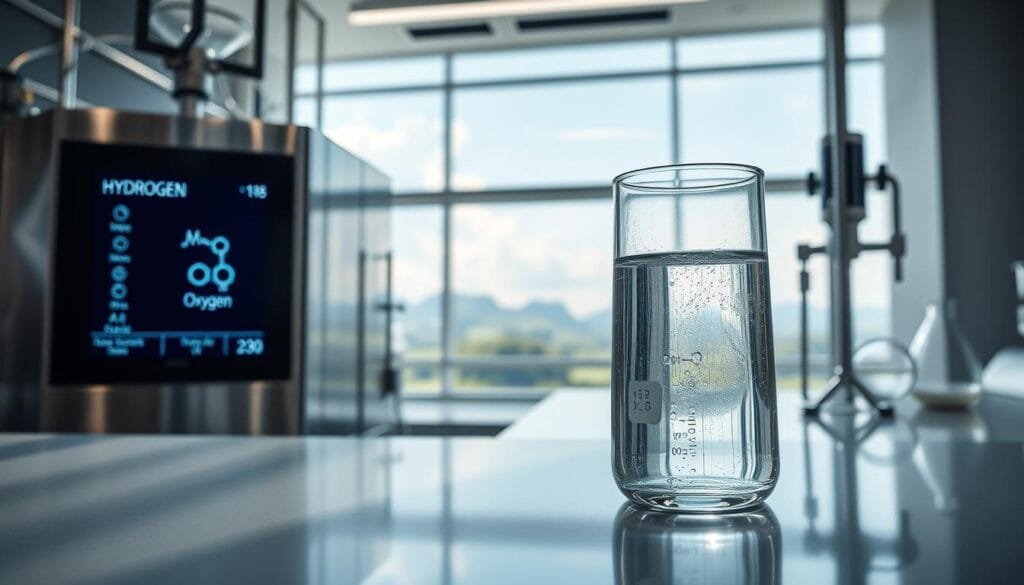 A sleek, modern laboratory setting with gleaming stainless steel and glass equipment. In the foreground, a beaker filled with crystal-clear water, its surface gently rippling. Nearby, a digital display shows the molecular structure of hydrogen, its atoms bonded to oxygen in a delicate dance. Soft, diffused lighting illuminates the scene, casting gentle shadows that accentuate the clean, clinical aesthetic. In the background, a panoramic window overlooks a serene Malaysian landscape, hinting at the practical applications of this innovative water technology. The overall mood is one of scientific precision, environmental harmony, and the promise of healthful living.