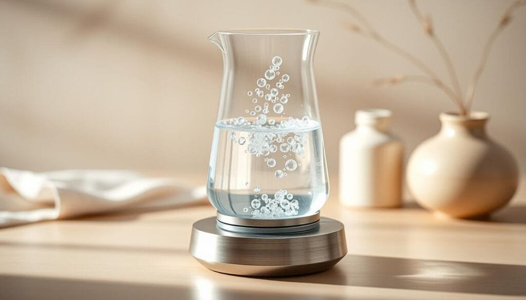 A sophisticated tabletop hydrogen water generator system with a sleek, minimalist design. The device features a transparent glass carafe filled with crystal-clear water, atop a brushed metal base housing the hydrogen production mechanism. Gentle bubbles rise through the liquid, infusing it with high concentrations of dissolved hydrogen. The entire setup is bathed in soft, even lighting that highlights the purity and clarity of the water. The background is a serene, zen-inspired environment with smooth, natural textures and muted tones, creating a calming, spa-like atmosphere ideal for skin care and wellness applications.