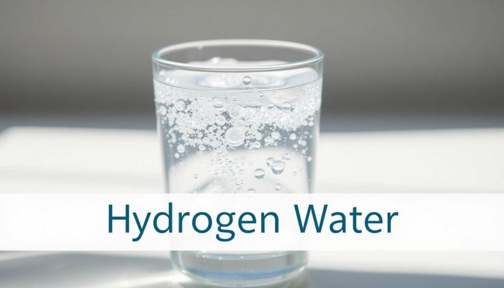 A sparkling glass of clear water, with delicate bubbles gently rising to the surface, illuminated by soft, natural light. In the foreground, a label showcases the words "Hydrogen Water", rendered in a sleek, modern font. The background features a clean, minimalist setting, emphasizing the purity and simplicity of the product. The overall mood is one of freshness, purity, and health-conscious appeal, suitable for an article comparing hydrogen water to ionized water machines.