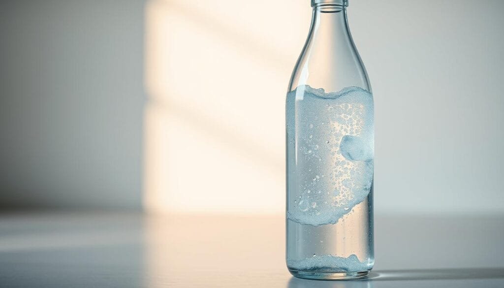 A striking glass bottle filled with clear, sparkling water, capturing the essence of hydrogen-rich hydration. Soft, natural lighting casts a warm glow, highlighting the purity and transparency of the liquid. In the background, a minimalist, serene setting suggests a wellness-focused environment. The bottle's sleek, modern design evokes a sense of sophistication and innovation, alluding to the cutting-edge technology used to infuse the water with hydrogen. The entire scene radiates a sense of balance, vitality, and the promise of revitalizing the scalp for optimal hair health.