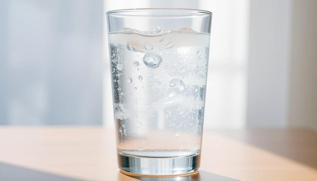 A translucent glass filled with effervescent, sparkling water. The liquid appears to gently bubble and fizz, hinting at the hidden presence of dissolved hydrogen gas. The glass is positioned against a backdrop of soft, natural light, creating a serene and calming atmosphere. The overall scene evokes a sense of purity, simplicity, and the natural processes that have imbued this water with its unique properties.