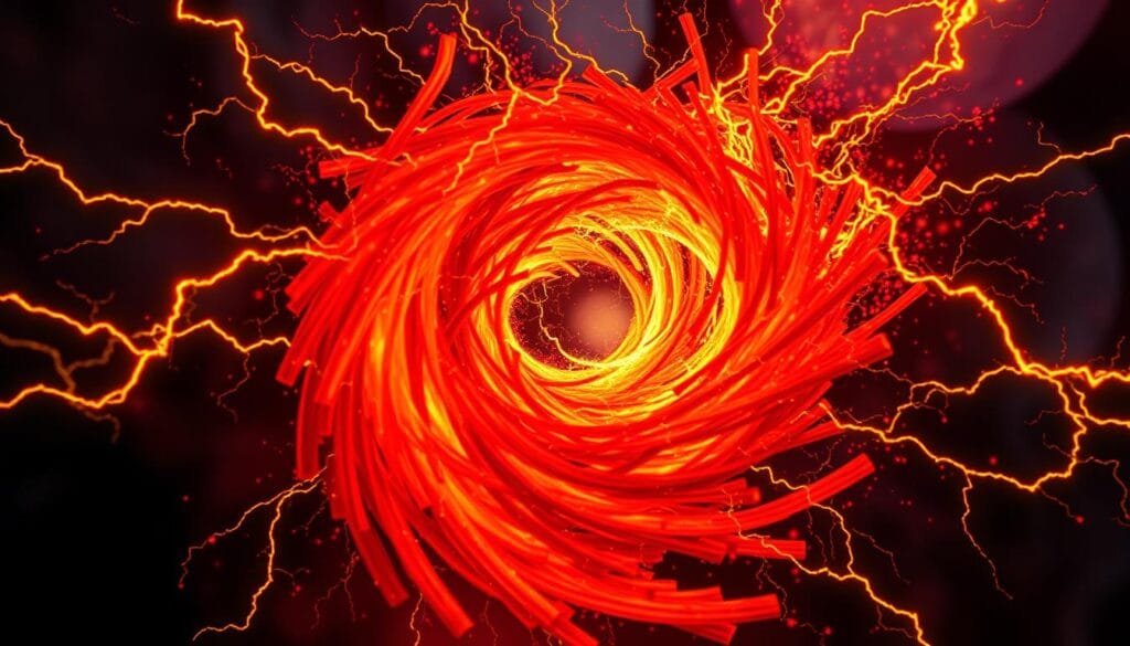 A vibrant, dynamic illustration of oxidative stress. In the foreground, a swirling vortex of fiery red and orange hues, representing the chaotic free radicals. Radiating outward, a mesh of jagged, lightning-like patterns in shades of yellow and gold, symbolizing the damaging effects of oxidation. Framing the composition, a shadowy, ominous background infused with hints of deep purple and indigo, conveying the underlying threat of this metabolic process. Dramatic lighting casts dramatic shadows, emphasizing the dramatic nature of this unseen phenomenon. Captured with a wide-angle lens to enhance the sense of scale and intensity. The overall mood is one of energy, turbulence, and the urgent need for antioxidant intervention.