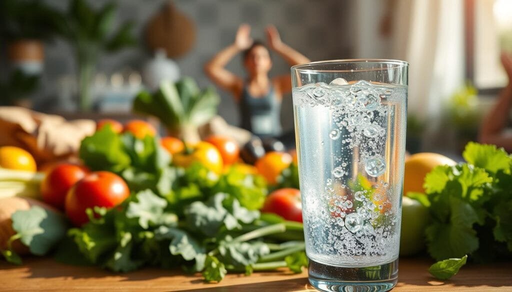 A vibrant scene of integrating hydrogen-rich water into a balanced lifestyle. In the foreground, a glass of sparkling, crystal-clear water infused with hydrogen bubbles, casting a serene glow. In the middle ground, an array of fresh, colorful produce - leafy greens, crisp vegetables, and juicy fruits - representing a nutrient-dense, plant-based diet. In the background, a person engaged in a gentle yoga pose, radiating mindfulness and physical activity. The lighting is warm and natural, creating an atmosphere of wellness and harmony. Captured through a wide-angle lens, the image conveys the seamless integration of hydrogen water, wholesome nutrition, and mindful movement.