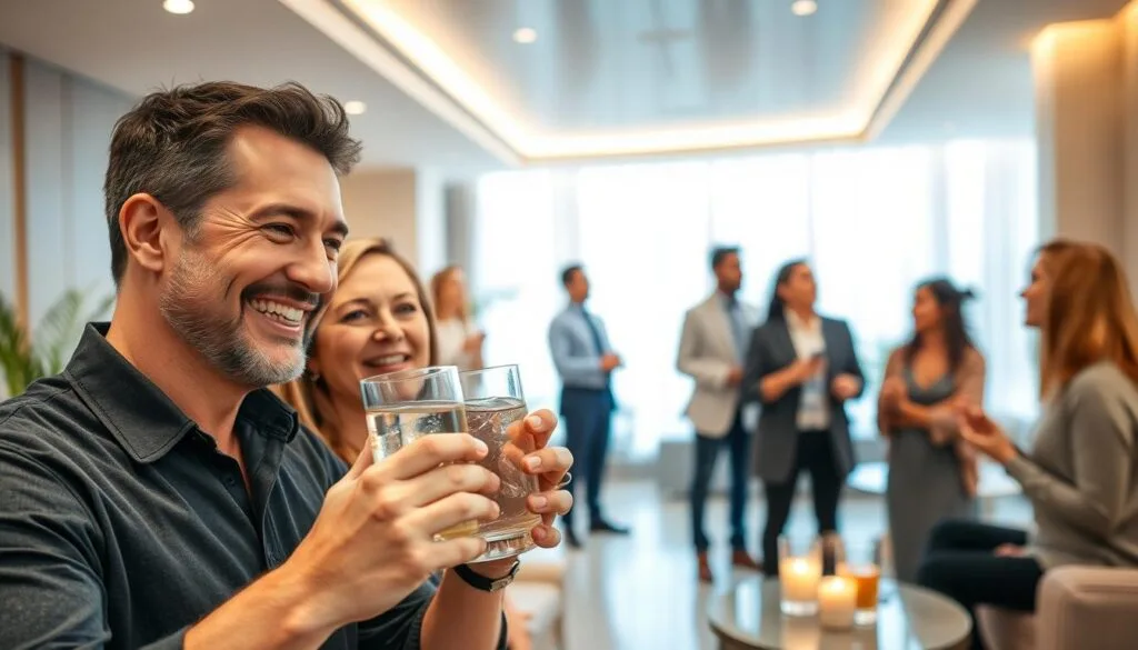 A vibrant, well-lit interior setting showcasing a diverse group of people benefiting from hydrogen water and alcohol detoxification. In the foreground, a man and woman enjoying a refreshing glass of hydrogen-infused water, their faces radiating health and vitality. In the middle ground, a group of professionals engaged in a lively discussion, highlighting the versatility and appeal of the wellness concept. The background features an elegantly designed wellness center, with soothing neutral tones and natural elements that create a calming, rejuvenating atmosphere. Soft, warm lighting casts a gentle glow, emphasizing the wellness and rejuvenation experienced by the participants.