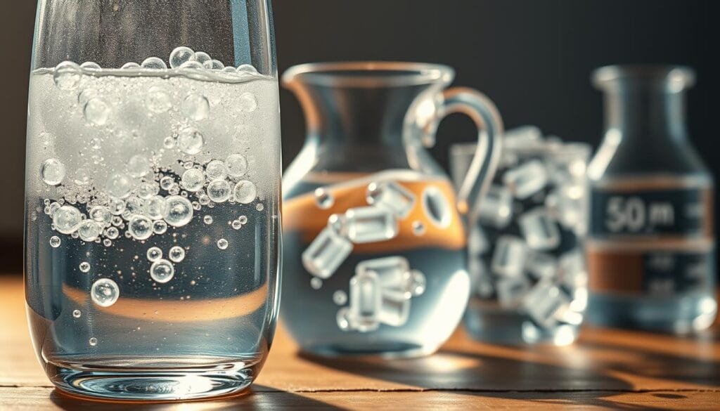 A visually striking composition showcasing the transition from hydrogen gas to hydrogen-rich water and saline. In the foreground, a clear glass vessel filled with shimmering, iridescent bubbles of hydrogen gas, illuminated by a soft, warm light. The middle ground features a transparent carafe containing crystalline, oxygenated water, with gentle swirls and reflections. In the background, a beaker of saline solution, its translucent liquid capturing the nuanced interplay of light and shadow. The scene is bathed in a muted, earthy color palette, conveying a sense of scientific inquiry and wellness. Captured through a high-resolution lens with a shallow depth of field, emphasizing the delicate details and textural contrasts.