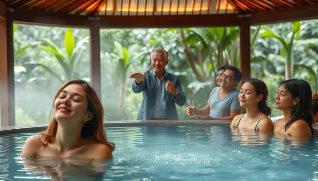 A warm, inviting wellness center in Malaysia, with a serene water feature at its heart. In the foreground, a group of people enjoying the calming effects of hydrogen-infused water, their faces radiating a sense of tranquility. The middle ground features a knowledgeable guide, gesturing towards the water and providing insights into the potential health benefits. The background showcases the lush, verdant surroundings, creating a harmonious, nature-inspired atmosphere. Soft, diffused lighting casts a gentle glow, enhancing the soothing ambiance. The scene conveys a sense of guidance, support, and the holistic pursuit of wellness.