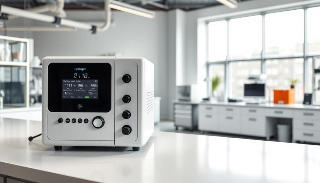 A well-equipped laboratory workspace with a professional-grade hydrogen concentration testing device prominently displayed on a clean, white counter. The device features a digital display, various control knobs, and sleek, minimalist design. The background showcases a panoramic view of a modern, bright and airy room, with large windows allowing natural light to flood the space. The overall atmosphere conveys a sense of precision, technology, and scientific rigor, suitable for illustrating the technical aspects of measuring hydrogen content in water.