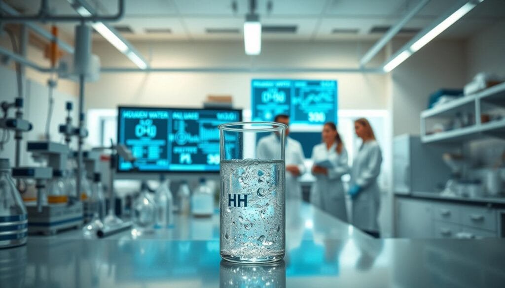 A well-lit, clean laboratory workspace with various scientific equipment and glassware arranged neatly. In the foreground, a glass beaker filled with clear, sparkling water, symbolizing hydrogen-infused water. Behind it, a modern digital display showing the detailed chemical composition and safety metrics of the water sample. The middle ground features a group of researchers in sterile lab coats, carefully examining the water and discussing its properties. The background showcases a panoramic view of the laboratory, with state-of-the-art instruments and a sense of scientific rigor. The overall atmosphere conveys professionalism, attention to detail, and a focus on the safety and quality standards of hydrogen-enriched water.