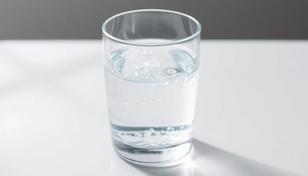A well-lit, close-up photograph of a glass of clear, bubbling hydrogen-infused water resting on a sleek, modern white surface. The liquid appears pure and vibrant, with small, uniform hydrogen bubbles gently rising to the surface. The glass is illuminated from the side, casting soft, diffused shadows that accentuate the transparency and purity of the water. The background is subtly blurred, keeping the focus on the glass and its contents, conveying a sense of clarity, simplicity, and the safety of the hydrogen water concept. The overall mood is clean, serene, and inviting, reflecting the wellness and anti-aging benefits of this innovative product.