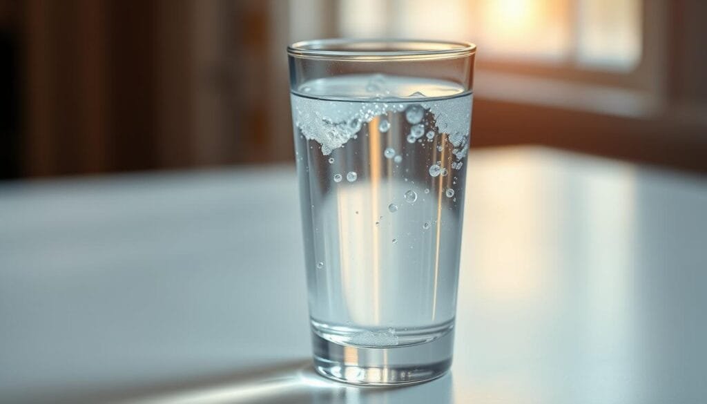 A well-lit, close-up view of a glass filled with transparent, gently bubbling hydrogen-infused water. The liquid reflects the warm, natural light filtering in from the side, creating a soft, calming ambiance. The glass sits on a clean, minimalist surface, emphasizing the purity and simplicity of the water. The overall composition conveys a sense of tranquility, health, and safety, inviting the viewer to consider the potential benefits of consuming this type of water.