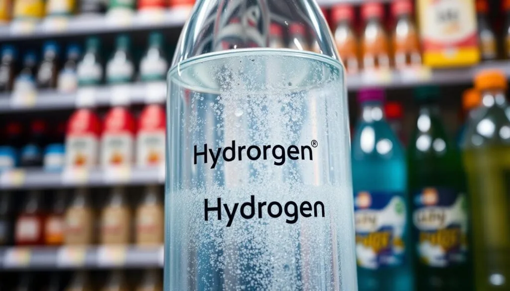 A well-lit, high-quality close-up photograph of a transparent glass bottle filled with clear, shimmering water against a blurred background of various bottled beverages on store shelves. The bottle has a minimalist label with the words "Hydrogen Water" prominently displayed. The water inside the bottle has a slight hazy, effervescent quality, suggesting the presence of dissolved hydrogen gas. The overall scene conveys a sense of purity, refreshment, and health-conscious appeal targeted at athletic or active consumers.