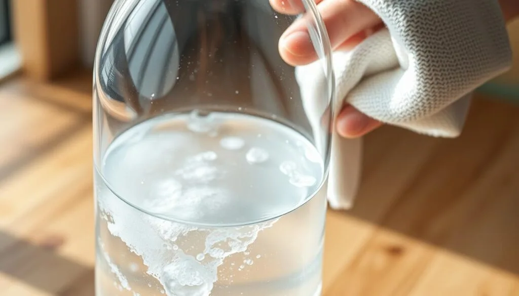 A well-lit, high-resolution close-up shot of a transparent glass water bottle being meticulously cleaned. The bottle is filled with warm soapy water, and a soft cloth is gently scrubbing the inside, removing any buildup or mineral deposits. The scene is bathed in soft natural light, highlighting the intricate details of the bottle's surface. In the background, a wooden table or countertop provides a simple, rustic backdrop, emphasizing the care and attention being given to the maintenance of this essential hydration tool. The overall mood is one of diligence and attention to detail, perfectly capturing the essence of the "Care, Maintenance, and Longevity" section of the article. A well-lit, high-resolution close-up shot of a transparent glass water bottle being meticulously cleaned. The bottle is filled with warm soapy water, and a soft cloth is gently scrubbing the inside, removing any buildup or mineral deposits. The scene is bathed in soft natural light, highlighting the intricate details of the bottle's surface. In the background, a wooden table or countertop provides a simple, rustic backdrop, emphasizing the care and attention being given to the maintenance of this essential hydration tool. The overall mood is one of diligence and attention to detail, perfectly capturing the essence of the "Care, Maintenance, and Longevity" section of the article.