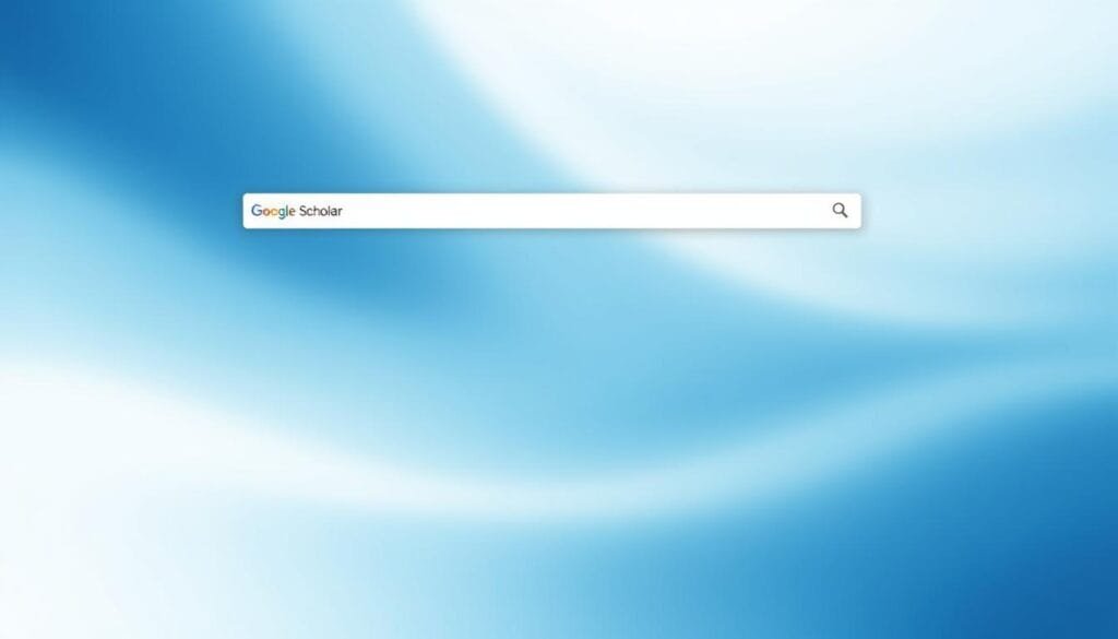 A well-lit, high-resolution image of the Google Scholar homepage, showcasing its clean, minimalist design with a prominent search bar in the center. The background should feature a soft, blurred gradient in shades of blue and white, creating a sense of depth and professionalism. The layout should be captured from a slightly elevated, frontal angle, giving the viewer a comprehensive overview of the page. The overall mood should convey an atmosphere of academic research, knowledge discovery, and digital scholarly resources.